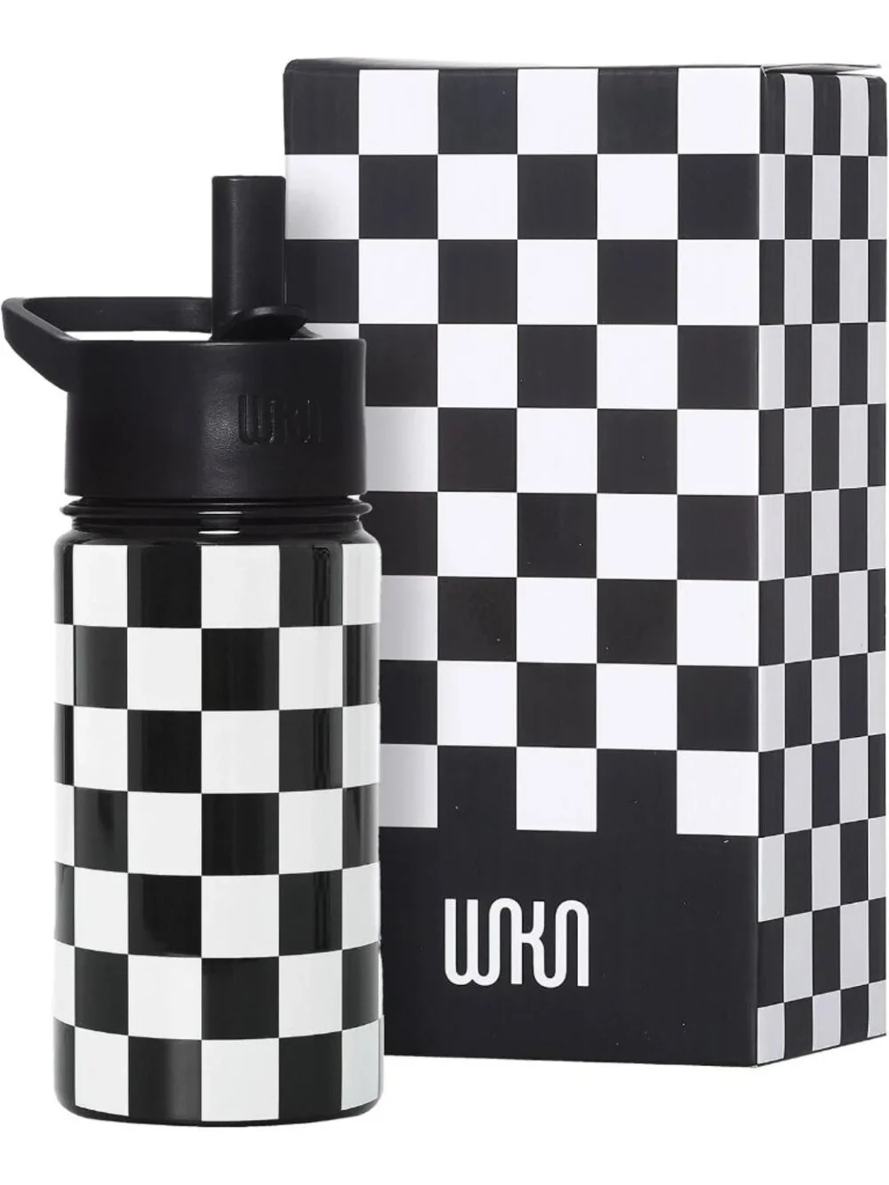 Stylish 14oz Stainless Steel Water Bottle for Kids - Black & White Checkered